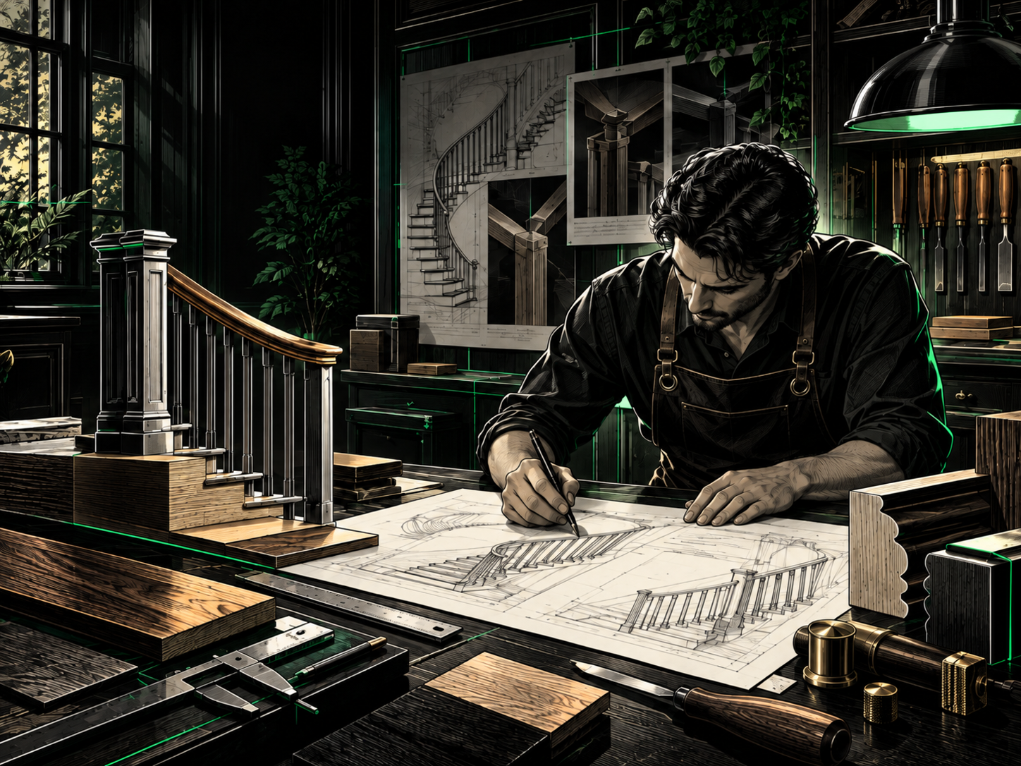 Bespoke staircase designer drawing staircase details in a workshop with timber samples and tools