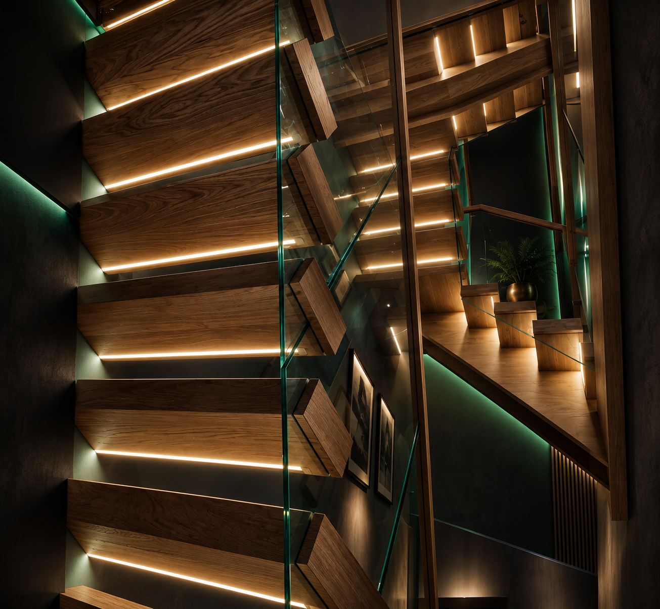 Luxury staircase details with timber treads, frameless glass and integrated LED lighting