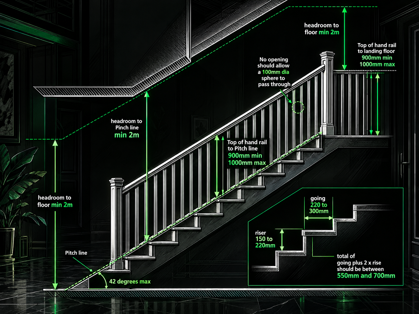 UK staircase building regulations diagram showing headroom, pitch, balustrade height, going and riser dimensions