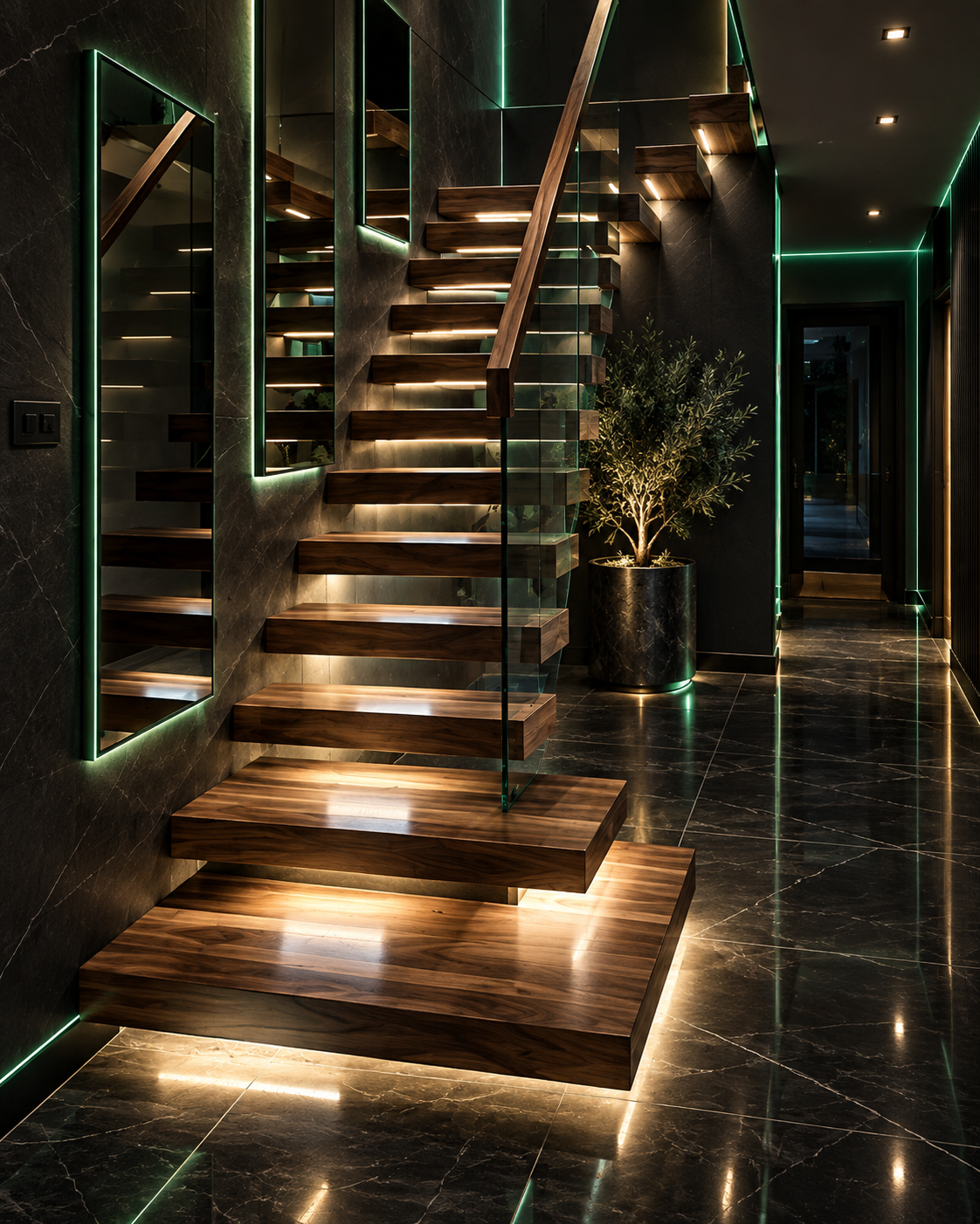 Walnut cantilever staircase with integrated LED lighting and frameless glass balustrade