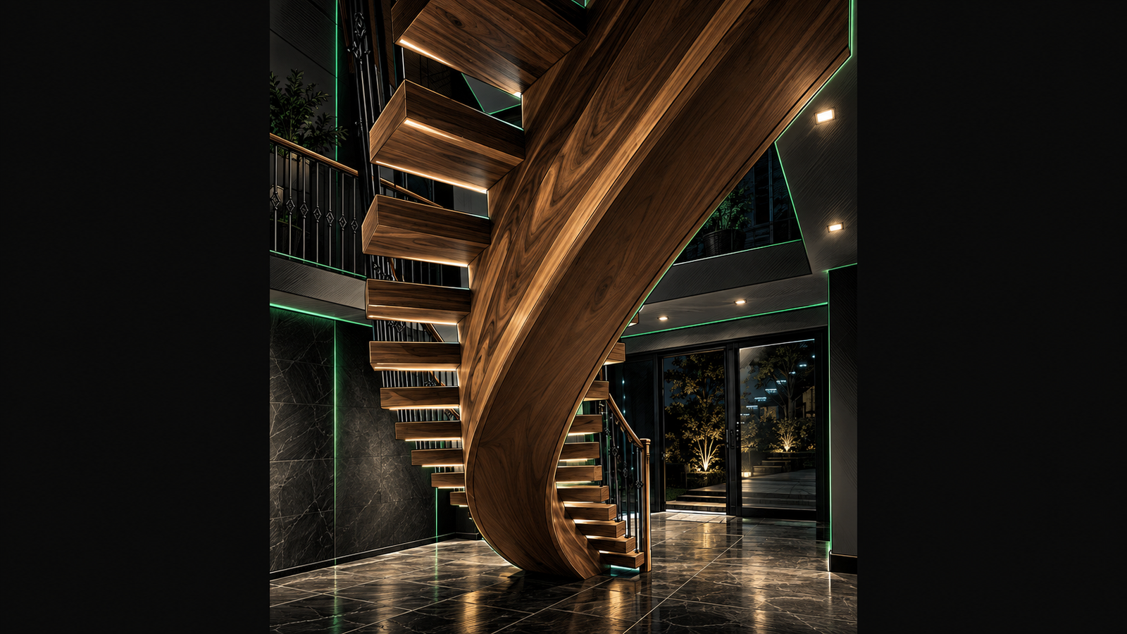Curved walnut central spine staircase with open timber treads and architectural detailing